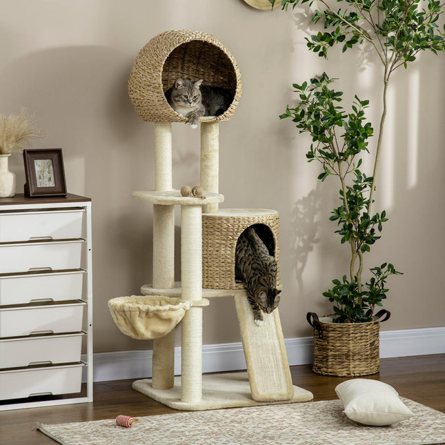 PAWROOM - Kattekradsestolpe med rattan kattehus, flere platforme, hængekøje og rampe, anti-tip, plys, beige, 60 x 60 x 150 cm