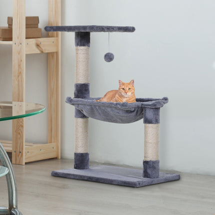PAWROOM - Klatretræ, Gråt Kattetræ, Kradsestolpe Med Sisal-Søjle Og Plys Hængekøje, 50X36X70 Cm