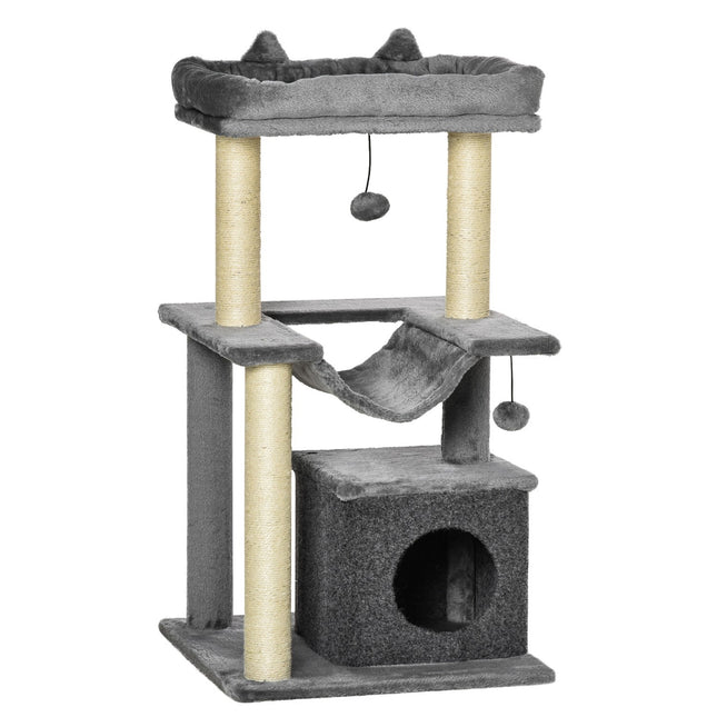 PAWROOM - Kradsetræ med hængekøje, hule og liggeplatforme, plys og sisal, grå, 90 cm