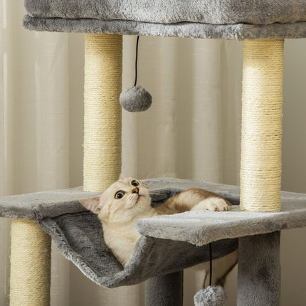PAWROOM - Kradsetræ med hængekøje, hule og liggeplatforme, plys og sisal, grå, 90 cm