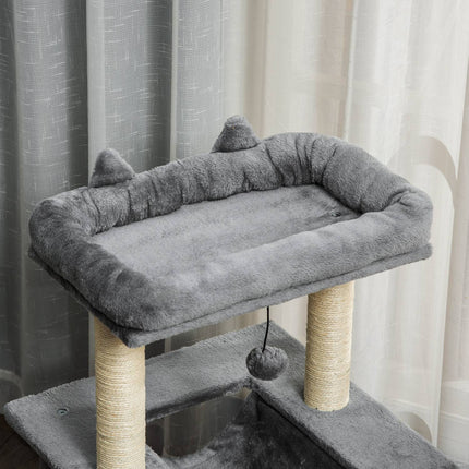 PAWROOM - Kradsetræ med hængekøje, hule og liggeplatforme, plys og sisal, grå, 90 cm