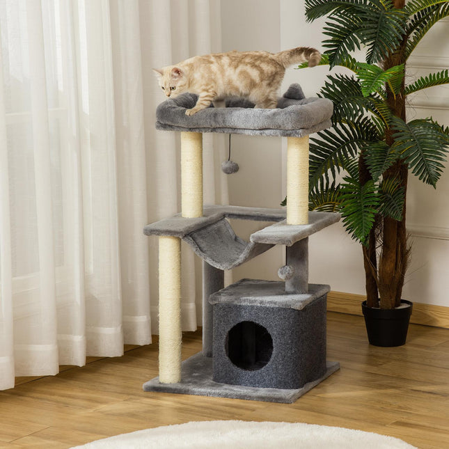 PAWROOM - Kradsetræ med hængekøje, hule og liggeplatforme, plys og sisal, grå, 90 cm