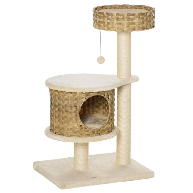 PAWROOM - Kradsestolpe Rattan Kattetræ, Klatretræ Med Cat Cave & Sisal Posts, Legebolde, 95Cm, Natural Sisal+Beige