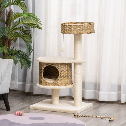 PAWROOM - Cat tree with caves and sisal posts, natural rattan, 95 cm