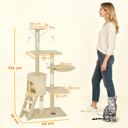 PAWROOM - Cat Tree with Cave, Sisal Posts, Toys, Beige, <5kg Cats