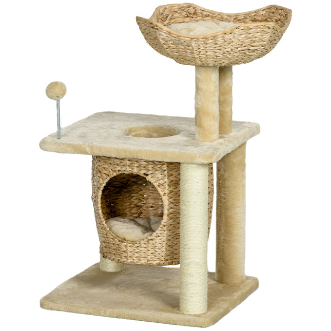 PAWROOM - Lille kat-kradsestolpe, 74 cm kattetræ med kattehule, legebold, indendørs klatretårn med seng, kradsemøbler til katte op til 5 kg, beige