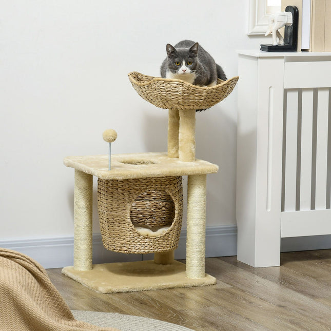 PAWROOM - Lille kat-kradsestolpe, 74 cm kattetræ med kattehule, legebold, indendørs klatretårn med seng, kradsemøbler til katte op til 5 kg, beige