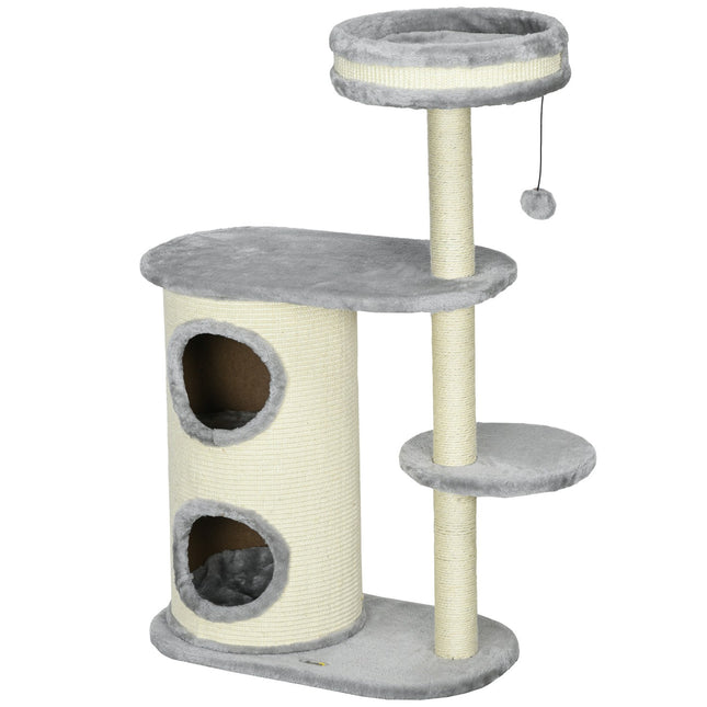 PAWROOM - Kattekradsestolpe med 2 kattehuler, sisalrebstolper, flere platforme, blød plys, kuglelegetøj, grå, 59 x 35 x 100 cm