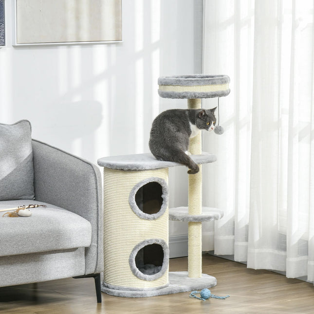 PAWROOM - Kattekradsestolpe med 2 kattehuler, sisalrebstolper, flere platforme, blød plys, kuglelegetøj, grå, 59 x 35 x 100 cm