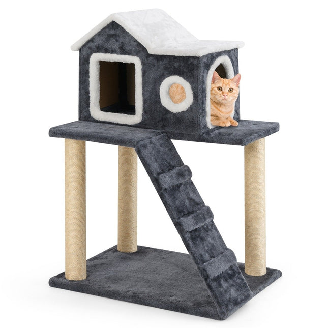 PAWROOM - 90 cm høj kradsestolpe med stor hule & stige & sisalstolper Kattetræ klatretræ grå