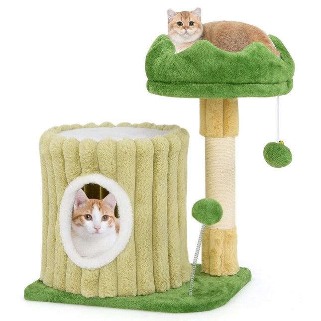 PAWROOM - Small scratching post cat tree with platform sisal scratching post cat cave & 2 balls green