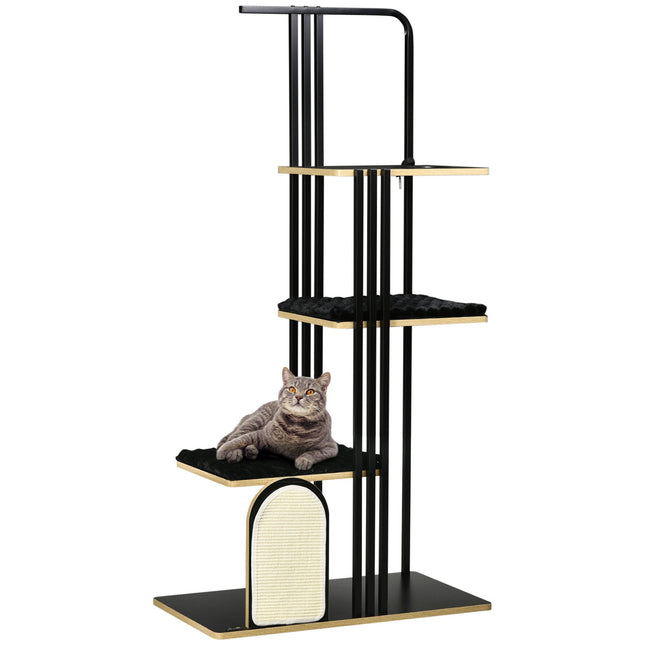 PAWROOM - Kattetræ 170cm Stor kradsestolpe med hynder, kradsebræt, 3 platforme, kattemøbel lavet af stål i sort