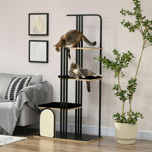 PAWROOM - Kattetræ 170cm Stor kradsestolpe med hynder, kradsebræt, 3 platforme, kattemøbel lavet af stål i sort