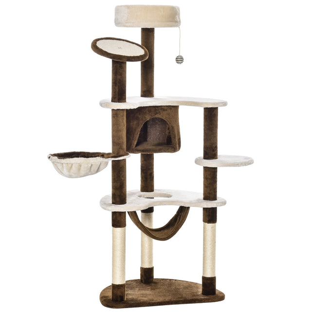 PAWROOM - Kradsestolpe Xxl Med Kattehule Og Hængekøje Multi-Level Cat Tree Multi-Aktivitetscenter, Plys, Brun, 213X91X122Cm