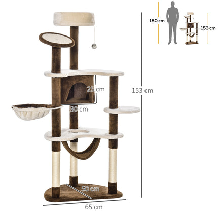 PAWROOM - Kradsestolpe Xxl Med Kattehule Og Hængekøje Multi-Level Cat Tree Multi-Aktivitetscenter, Plys, Brun, 213X91X122Cm