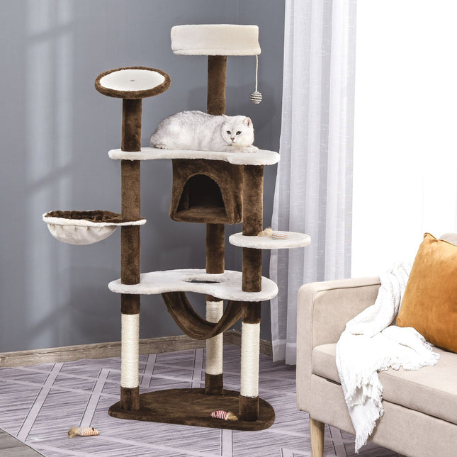 PAWROOM - Kradsestolpe Xxl Med Kattehule Og Hængekøje Multi-Level Cat Tree Multi-Aktivitetscenter, Plys, Brun, 213X91X122Cm