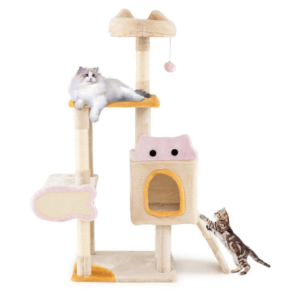 PAWROOM - Cat Tree with Fish-Shaped Scratcher, Sisal Posts, Plush Cave