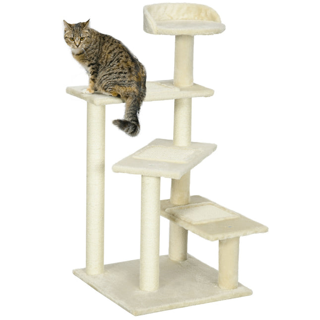 PAWROOM - Kradsestolpe Med Sisal Søjler, Kat Kradsestolpe, Katte Klatretræ, Katte Træ, Beige, 50 X 50 X 100 Cm