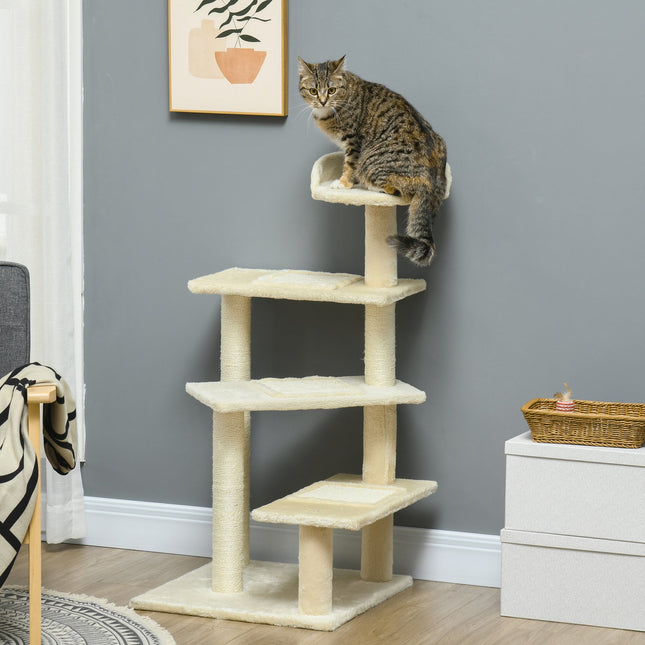 PAWROOM - Kradsestolpe Med Sisal Søjler, Kat Kradsestolpe, Katte Klatretræ, Katte Træ, Beige, 50 X 50 X 100 Cm