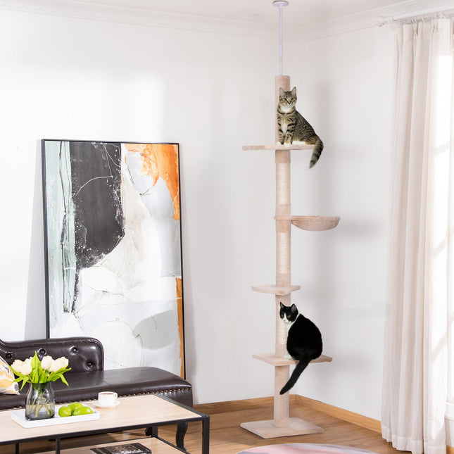PAWROOM - Kradsestolpe Loft Høj Beige Højdejusterbart Kattetræ Med Sisal-Søjler, Til Klatring Og Ridsning, 40X34X230-260Cm