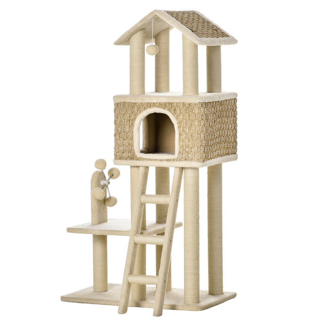 PAWROOM - Kradsestolpe Stort Kattetræ 130 Cm, Med Kattehule & Legebolde, Jutestammer, Kaki + Beige, Spånplade Plys