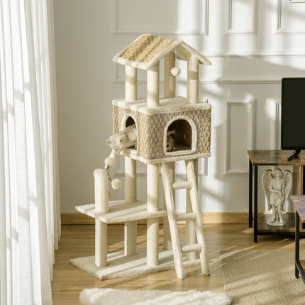 PAWROOM - Kradsestolpe Stort Kattetræ 130 Cm, Med Kattehule & Legebolde, Jutestammer, Kaki + Beige, Spånplade Plys
