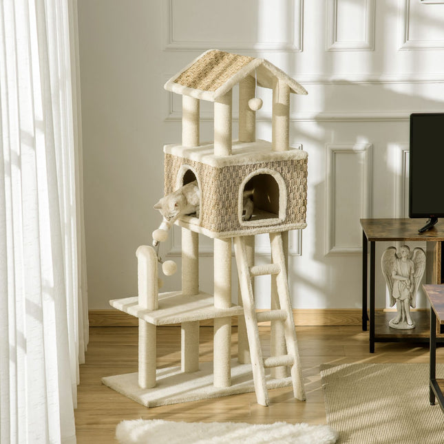 PAWROOM - Kradsestolpe Stort Kattetræ 130 Cm, Med Kattehule & Legebolde, Jutestammer, Kaki + Beige, Spånplade Plys