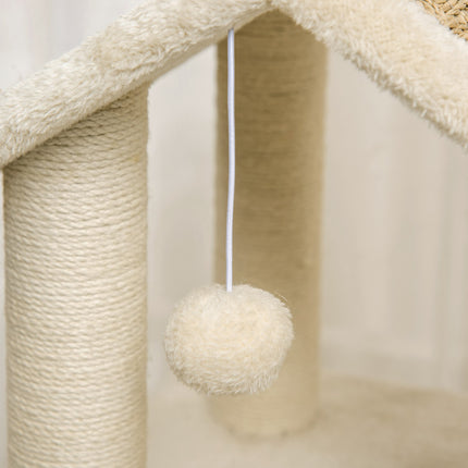 PAWROOM - Kradsestolpe Stort Kattetræ 130 Cm, Med Kattehule & Legebolde, Jutestammer, Kaki + Beige, Spånplade Plys