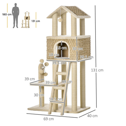 PAWROOM - Kradsestolpe Stort Kattetræ 130 Cm, Med Kattehule & Legebolde, Jutestammer, Kaki + Beige, Spånplade Plys