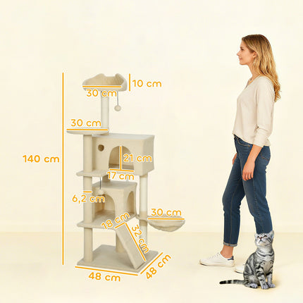 PAWROOM - Kradsetræstårn med hængekøje, stige, hule, 140 cm, beige