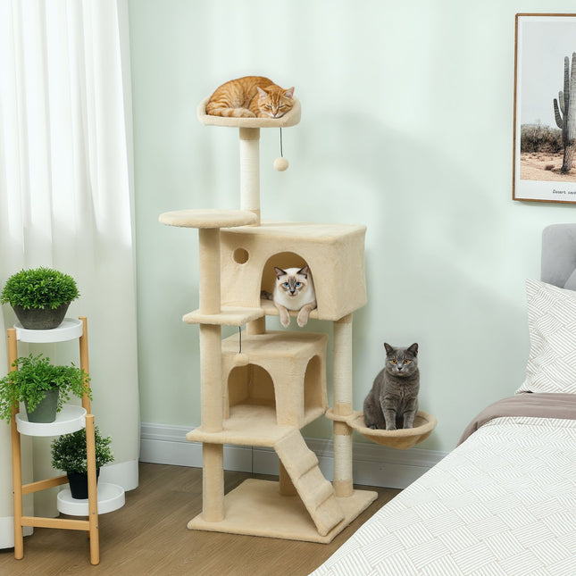 PAWROOM - Kradsetræstårn med hængekøje, stige, hule, 140 cm, beige