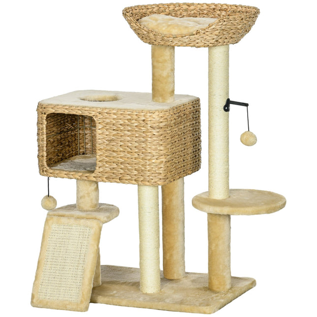 PAWROOM - Kattekradsestolpe 98 cm kattetræ med 2 liggeflader, kattekradsestolpe legebold til katte op til 6 kg, kattemøbel, sisal, beige