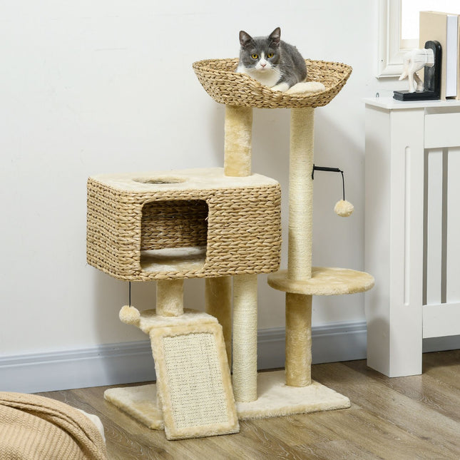 PAWROOM - Kattekradsestolpe 98 cm kattetræ med 2 liggeflader, kattekradsestolpe legebold til katte op til 6 kg, kattemøbel, sisal, beige