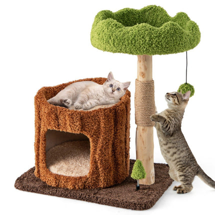 PAWROOM - Cat scratching post cat tree with cat cave in tree hole shape brown + green 60 x 46 x 73 cm