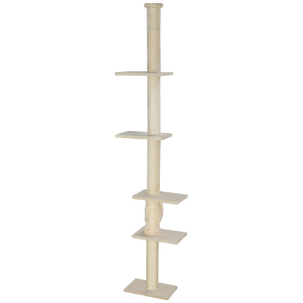 PAWROOM - Kradsestolpe til loftet, kattetræ, 225-275 cm kattekradsestolpe med platforme, kattemøbel med spidsbeskyttelse, cremehvid