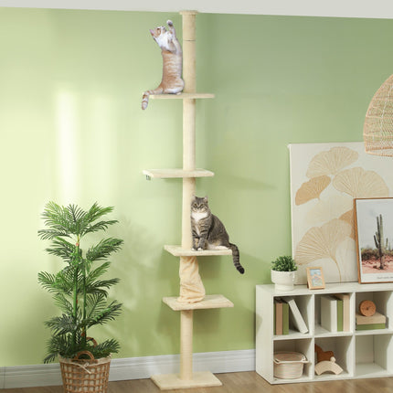 PAWROOM - Kradsestolpe til loftet, kattetræ, 225-275 cm kattekradsestolpe med platforme, kattemøbel med spidsbeskyttelse, cremehvid