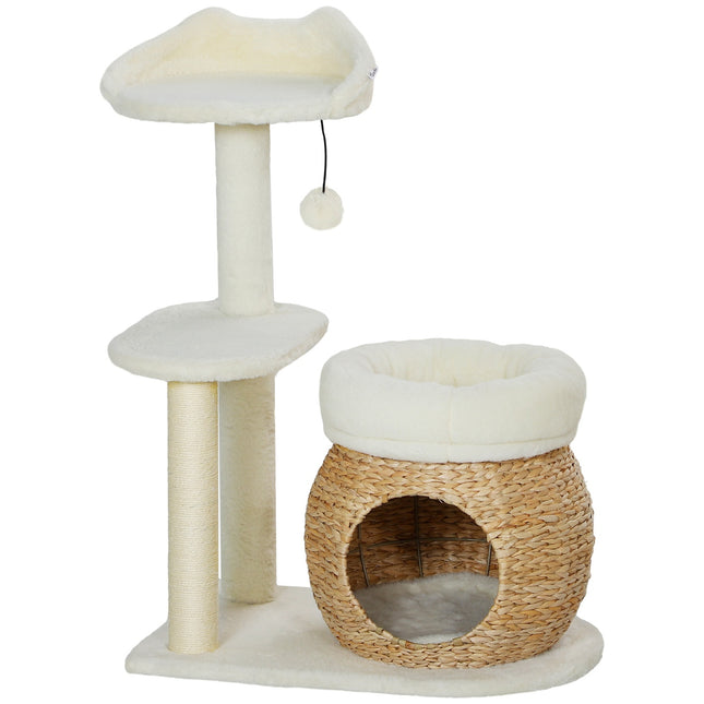 PAWROOM - Kradbestol 79 cm kattetræ med kattehule, seng, legebolde, kattekradsestolpe med sisal kradsestolpe, til katte op til 5 kg, cremehvid
