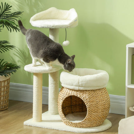 PAWROOM - Kradbestol 79 cm kattetræ med kattehule, seng, legebolde, kattekradsestolpe med sisal kradsestolpe, til katte op til 5 kg, cremehvid