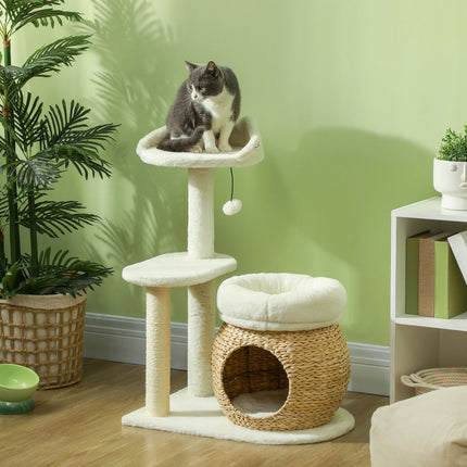 PAWROOM - Kradbestol 79 cm kattetræ med kattehule, seng, legebolde, kattekradsestolpe med sisal kradsestolpe, til katte op til 5 kg, cremehvid