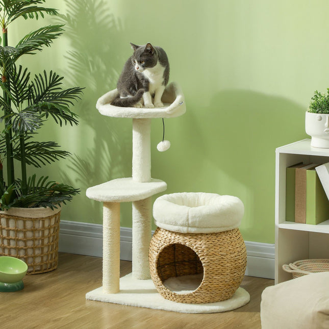 PAWROOM - Kradbestol 79 cm kattetræ med kattehule, seng, legebolde, kattekradsestolpe med sisal kradsestolpe, til katte op til 5 kg, cremehvid