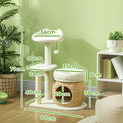 PAWROOM - Kradbestol 79 cm kattetræ med kattehule, seng, legebolde, kattekradsestolpe med sisal kradsestolpe, til katte op til 5 kg, cremehvid