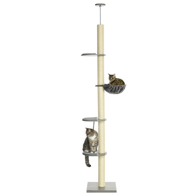 PAWROOM - Katkradsestolpe Loftshøjde 230-250 Cm, Med Hængekøje, Højdejusterbar, Grå + Cremehvid