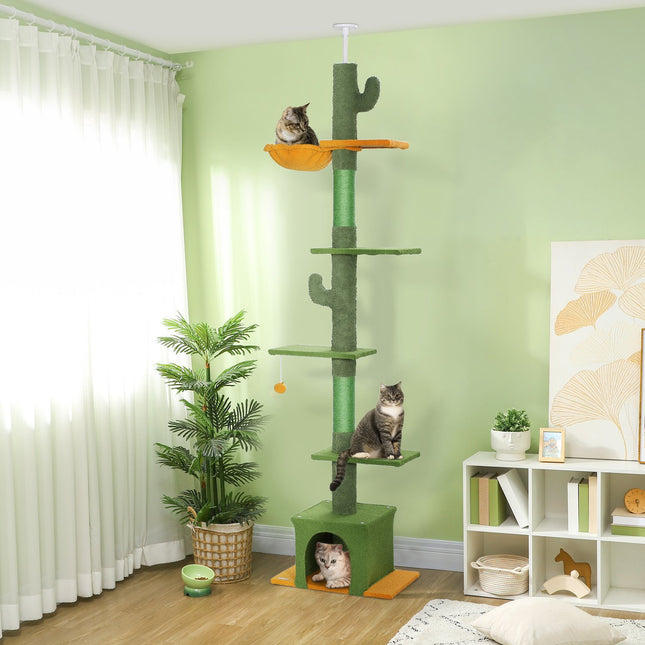PAWROOM - Kradbestolpe til loftet, kattetræ, 230-275 cm kattekradsestolpe med kattehule, kradsestolpe, legebold, kattemøbel med spidsbeskyttelse, grøn