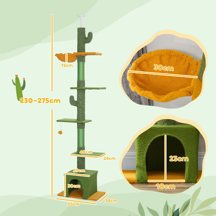 PAWROOM - Kradbestolpe til loftet, kattetræ, 230-275 cm kattekradsestolpe med kattehule, kradsestolpe, legebold, kattemøbel med spidsbeskyttelse, grøn