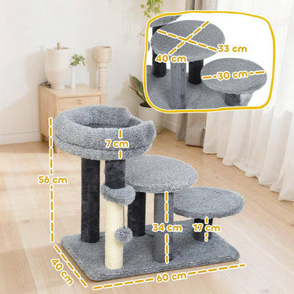 PAWROOM - Cat Tree with Sisal Post, Plush Fabric, Wide Base, Gray