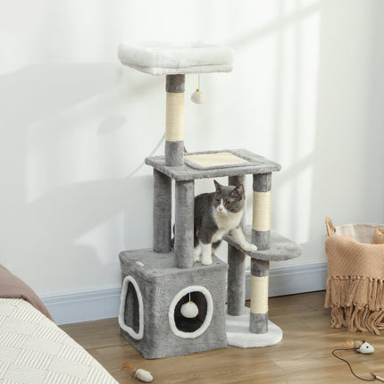 PAWROOM - Kattetårn med hule, sisalstolper, plysbolde, 107 cm, grå
