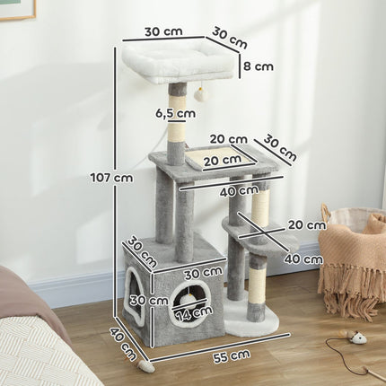 PAWROOM - Kattetårn med hule, sisalstolper, plysbolde, 107 cm, grå