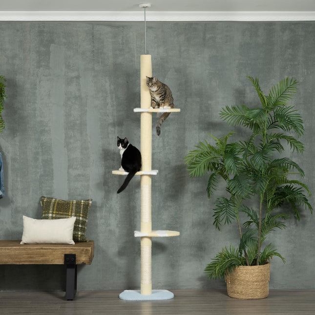 PAWROOM - Kradsestolpe, katskrabestolpe lofthøjt, 220-260 cm, klatretræ med legebold, højdejusterbar kattetræ, legetræ med spidsbeskyttelse, plys, gul