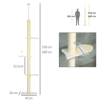 PAWROOM - Kradsestolpe, katskrabestolpe lofthøjt, 220-260 cm, klatretræ med legebold, højdejusterbar kattetræ, legetræ med spidsbeskyttelse, plys, gul