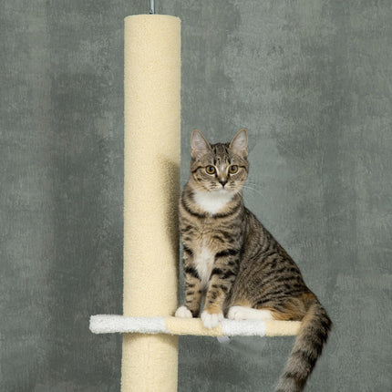 PAWROOM - Kradsestolpe, katskrabestolpe lofthøjt, 220-260 cm, klatretræ med legebold, højdejusterbar kattetræ, legetræ med spidsbeskyttelse, plys, gul